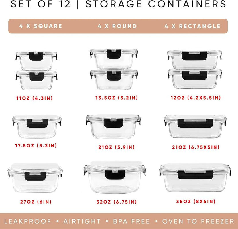 Joyjolt Joyful 24Pc(12 Airtight, Freezer Safe Food Storage Containers and 12 Lids), Pantry Kitchen Storage Containers, Glass Meal Prep Container for Lunch, Glass Storage Containers with Lids