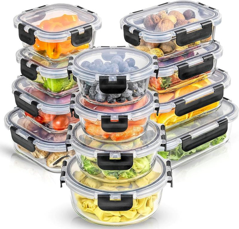 Joyjolt Joyful 24Pc(12 Airtight, Freezer Safe Food Storage Containers and 12 Lids), Pantry Kitchen Storage Containers, Glass Meal Prep Container for Lunch, Glass Storage Containers with Lids