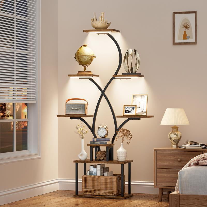 Minimalist 8-Tier Corner Storage Rack with LED Lights – 62" Display Shelf for Bedroom, Living Room Space,Ambient Glow & Style Home Decor Collection